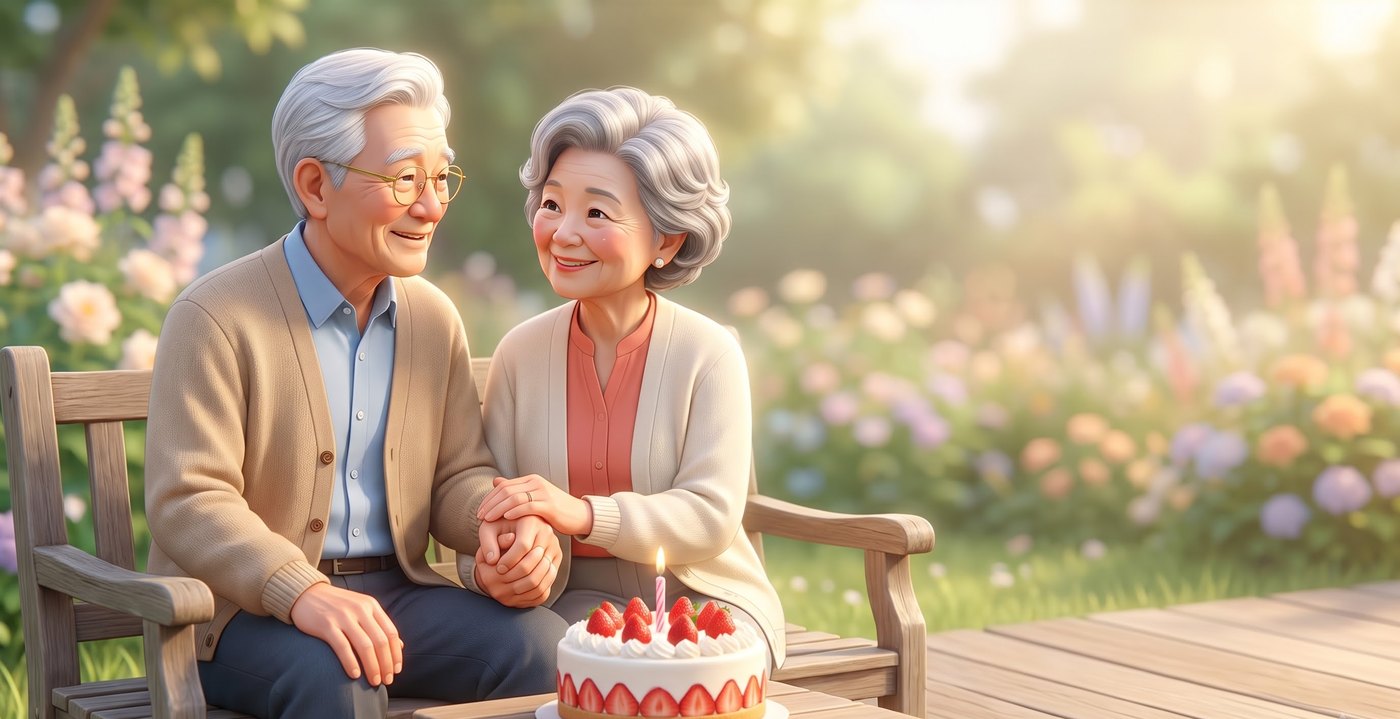 기초연금 대상 만 65세, 생일 케이크를 앞에 두고 손을 맞잡은 노부부