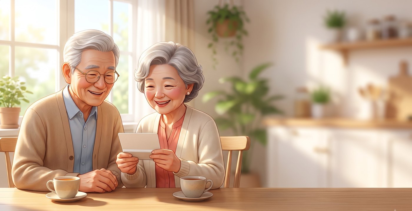 통장을 보며 안도하는 노부부