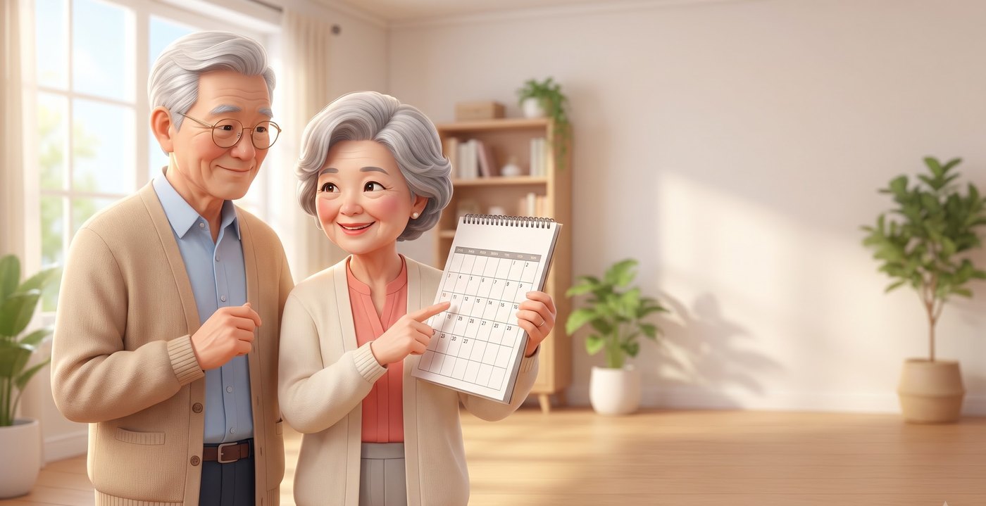 달력을 보며 신청 시기를 확인하는 노부부