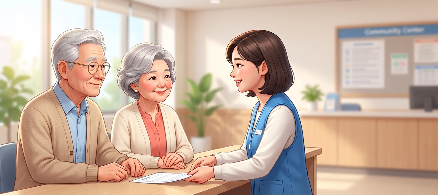 주민센터에서 직원과 상담하는 노부부