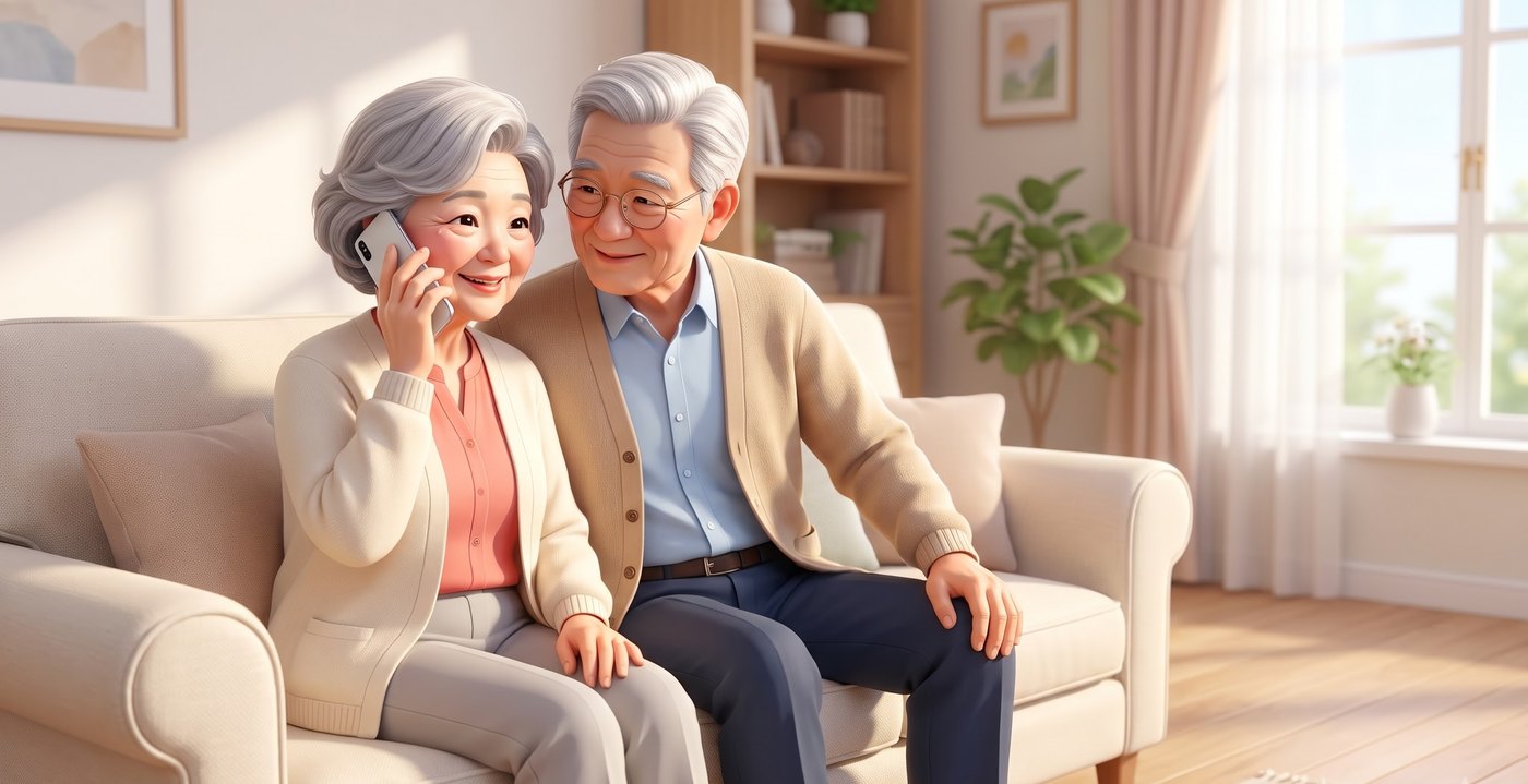 소파에 앉아 전화로 문의하는 노부부