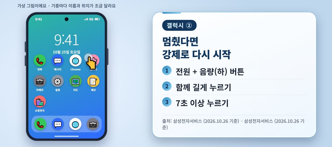 갤럭시 느려짐 - 멈췄다면 강제로 다시 시작