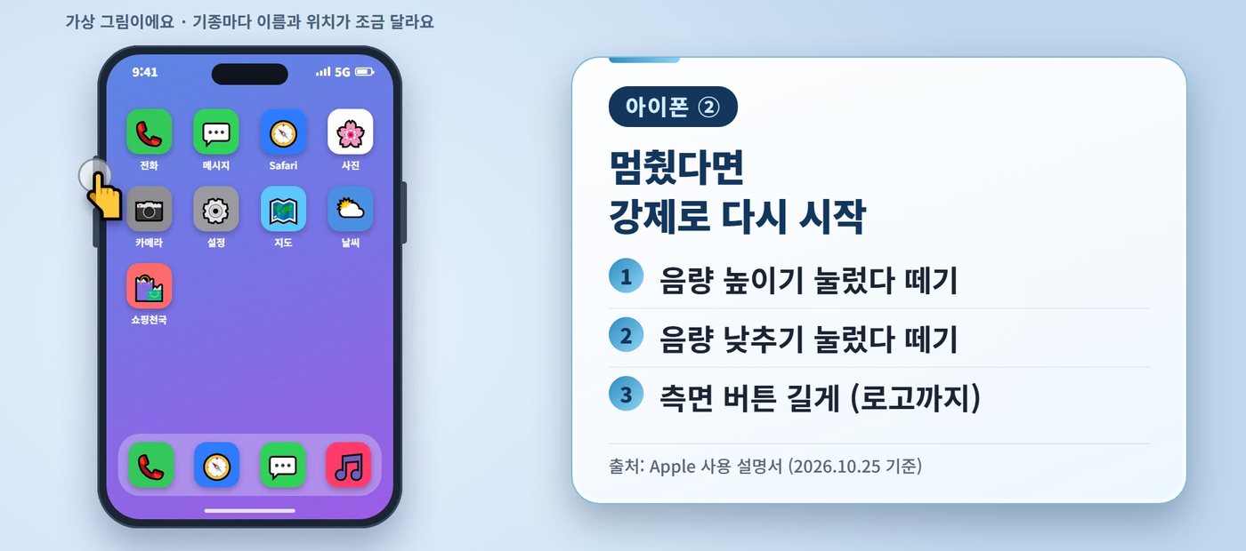 아이폰 느려짐 - 멈췄다면 강제로 다시 시작